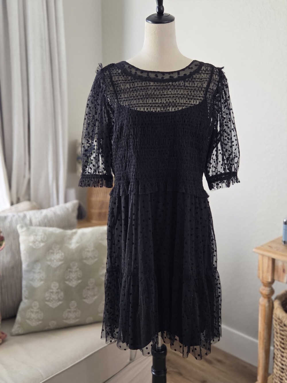 Black Swiss Dot Tiered Midi Dress - Women